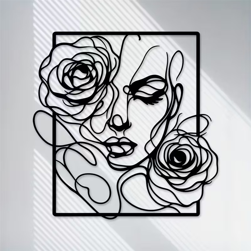 54d3929e-be2a-4712-bcef-86388e9bb7b8 NEXTSTEP1 Metal Wall Art Female Face Rose Beauty Salon Décor Line Art Wall Décor (43CM X 45CM) - Image 1