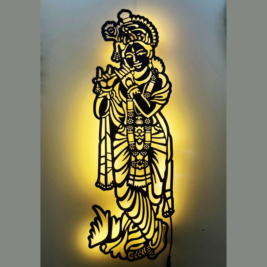 Untitled design (7) NEXTSTEP1 Krishna Metal Wall Art with LED Light – Handcrafted Black Matte Wall Hanging (24 x 10 inch) - Image 1
