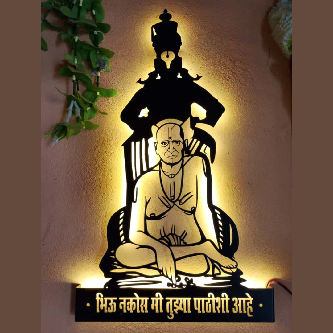 Untitled design (8) NEXTSTEP1 Shri Swami Samarth Vitthal Metal Wall Art with Light - Wall Hanging (15x25 inch) - Image 1